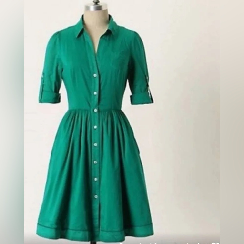 Moulinette Soeurs Emerald Green Button-Front Shirtwaist Dress